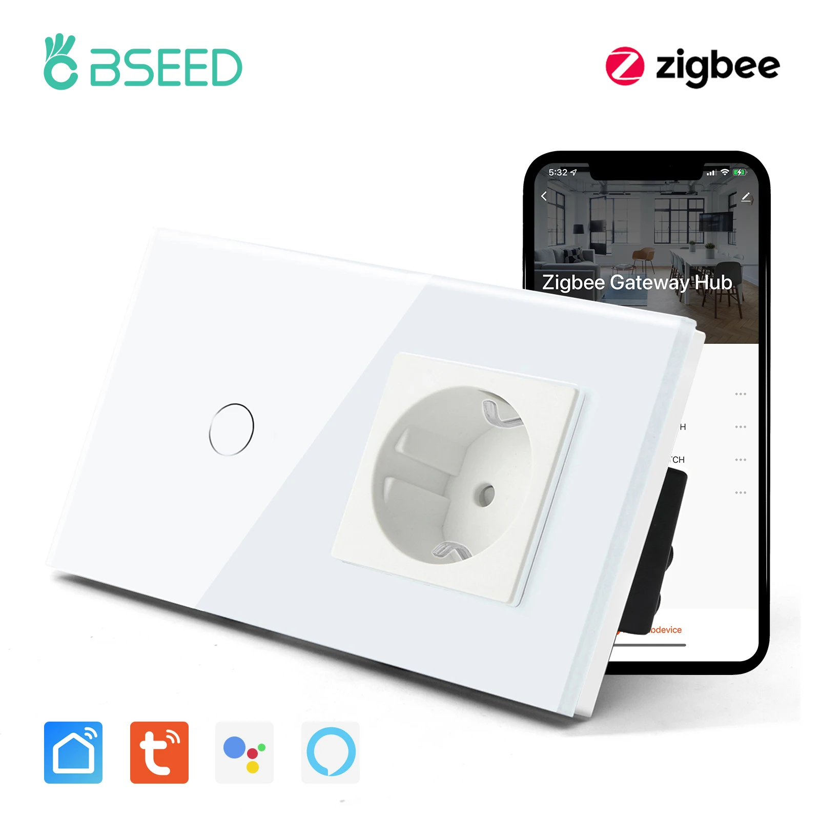 BSEED Zigbee 1/2/3Gang Touch Smart Switches mit normaler EU-Wandsteckdose Tuya Smart Life Alexa App-Steuerung Keine neutrale Version 5