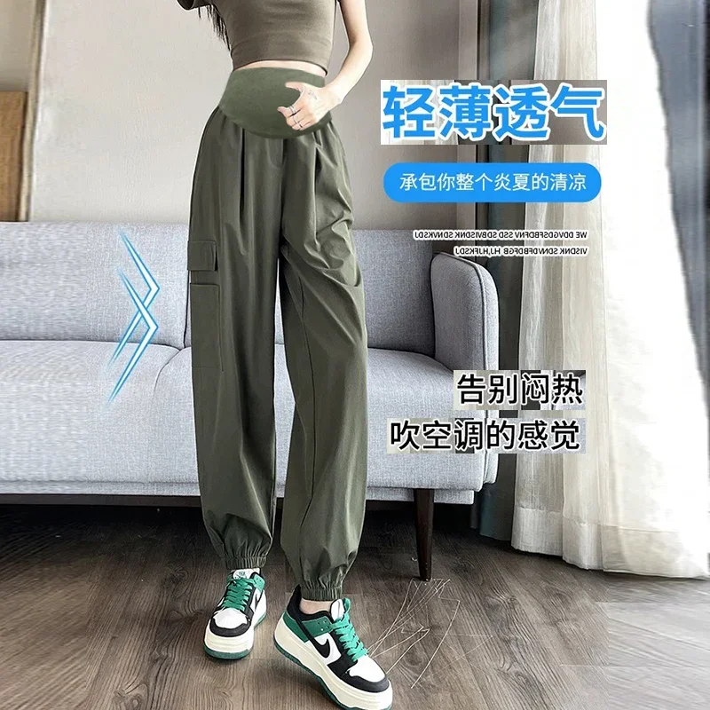 Summer Thin Cool Workwear Pants for Maternity Elastic Waist Belly Jogger Trousers for Pregnant Women Cargo Pockets Pregnancy