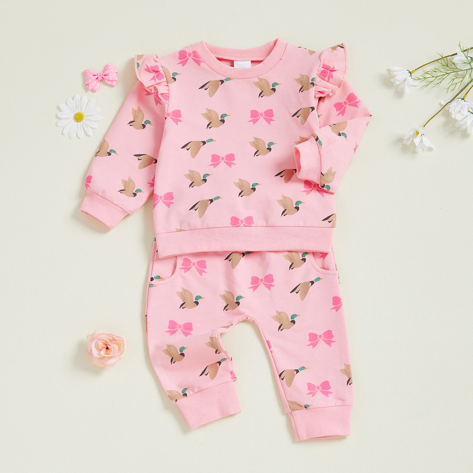 FOCUSNORM 0-3Y طفل رضيع الفتيات الخريف الملابس مجموعات وتتسابق بطة القوس طباعة طويلة الأكمام البلوز البلوز مرونة الخصر السراويل