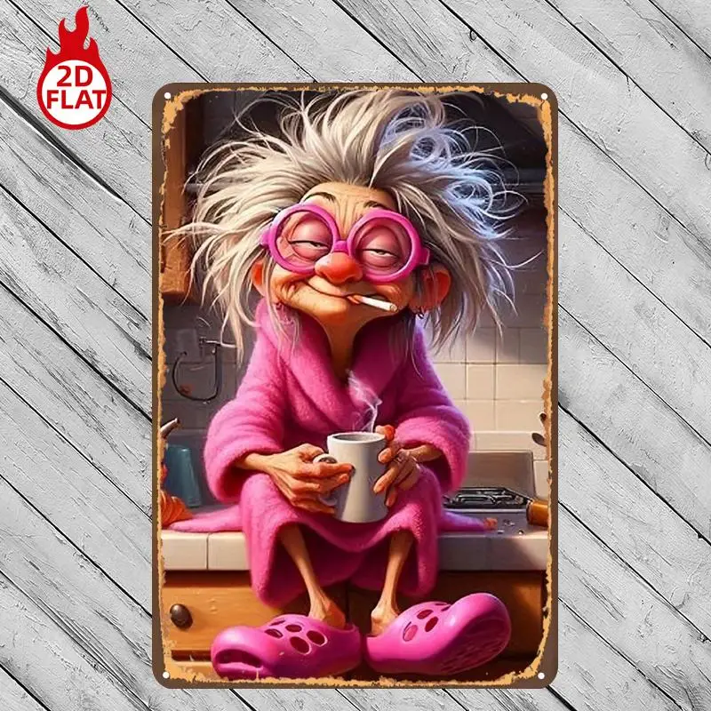 2D Flat, Single-Piece, Mischievous Grandma Happily Sipping Tea, Metal Tin Sign, Decorative Painting Suitable for Room/Dining