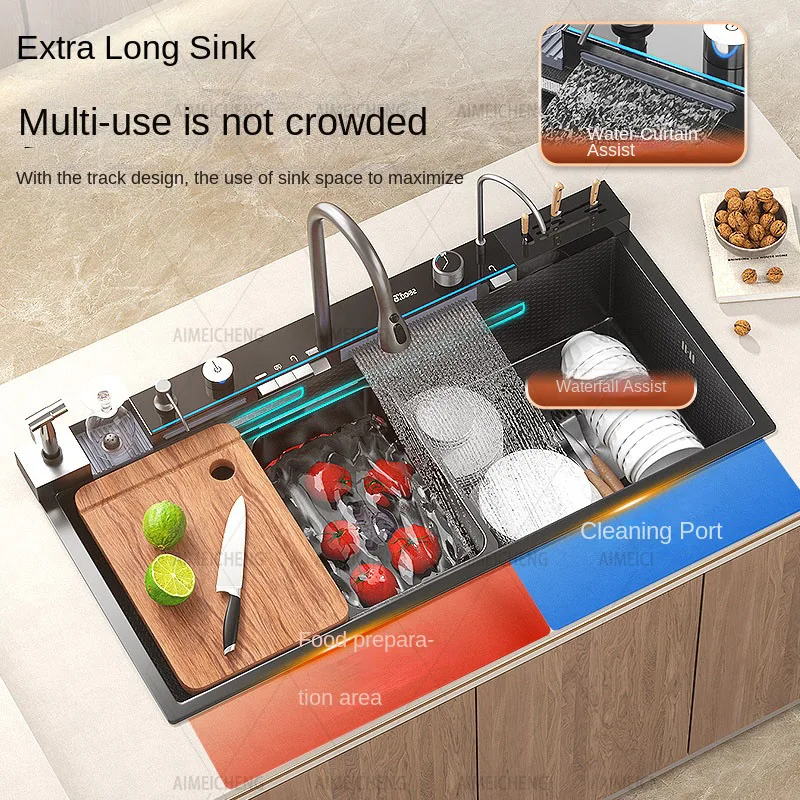 Stainless Steel Waterfall Kitchen Sink Embossed Large Single Slot Household Vegetable Basin Dishwashing Sink Left Side Drainage