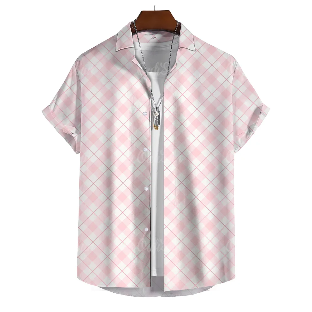 Camisa hawaiana informal para hombre, Tops de manga corta con estampado a cuadros, solapa de moda, ropa masculina de gran tamaño, camisetas de viaje