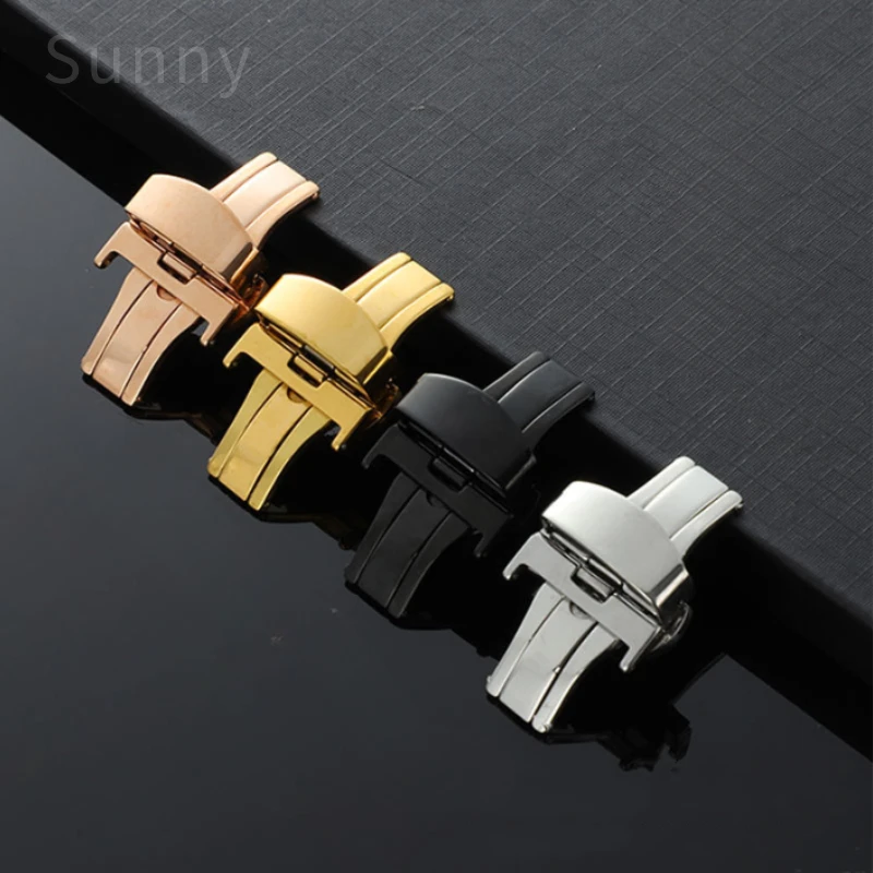 Unisex Leather Watch Strap with Butterfly Clasp and Double Press Buckle, Gold Rose Steel Black Thickened Solid Accessories