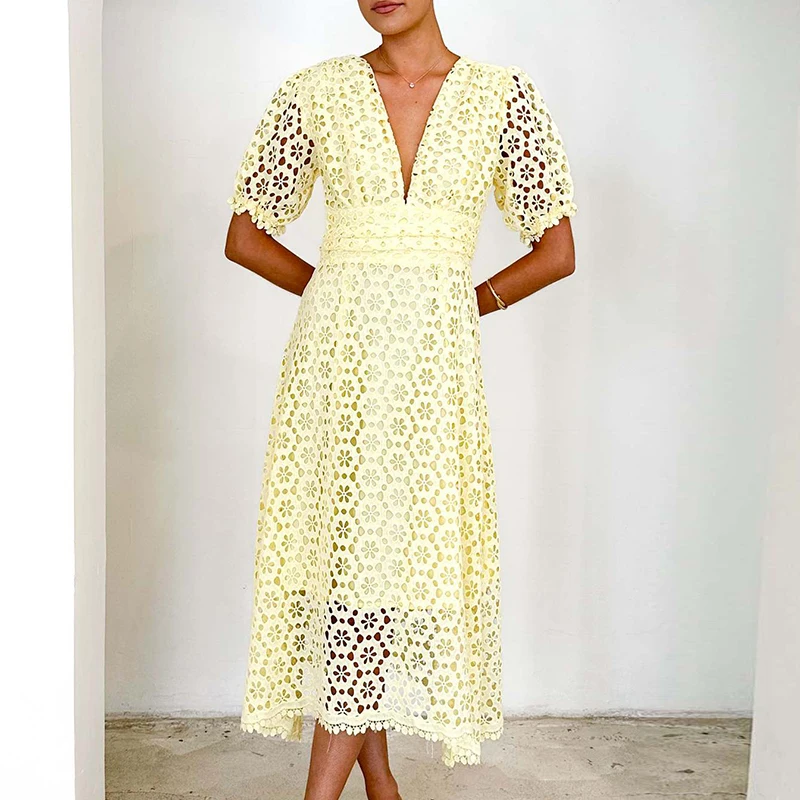 Women V Neck Puff Sleeve High Waist Dress New Sexy Hollow Out Slim Beach Long Dresses Summer Elegant Multicolour Lace Maxi Dress