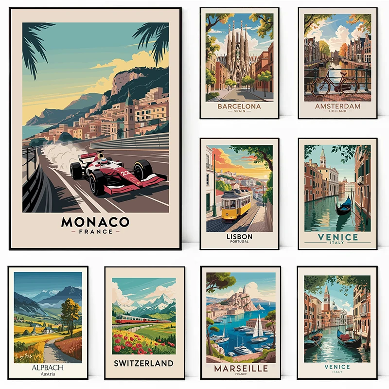 Vintage Travel Cityscape Monaco Scene Posters Venice Portugal Modern Prints Canvas Painting Wall Picture Home Living Room Decor