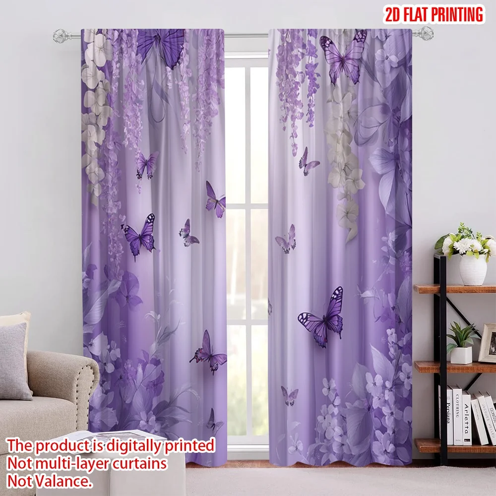 Purple Butterfly Curtains Wisteria Flower Print for Living Room Bedroom Window Romantic Home Decor