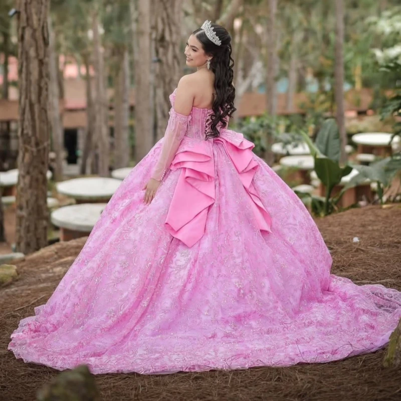 

Розовое блестящее платье для Quinceanera с открытыми плечами, с пайетками, аппликациями, кружевом, бисером, бантом, тюлем и корсетом, для вечеринки, дня рождения, Sweet 16