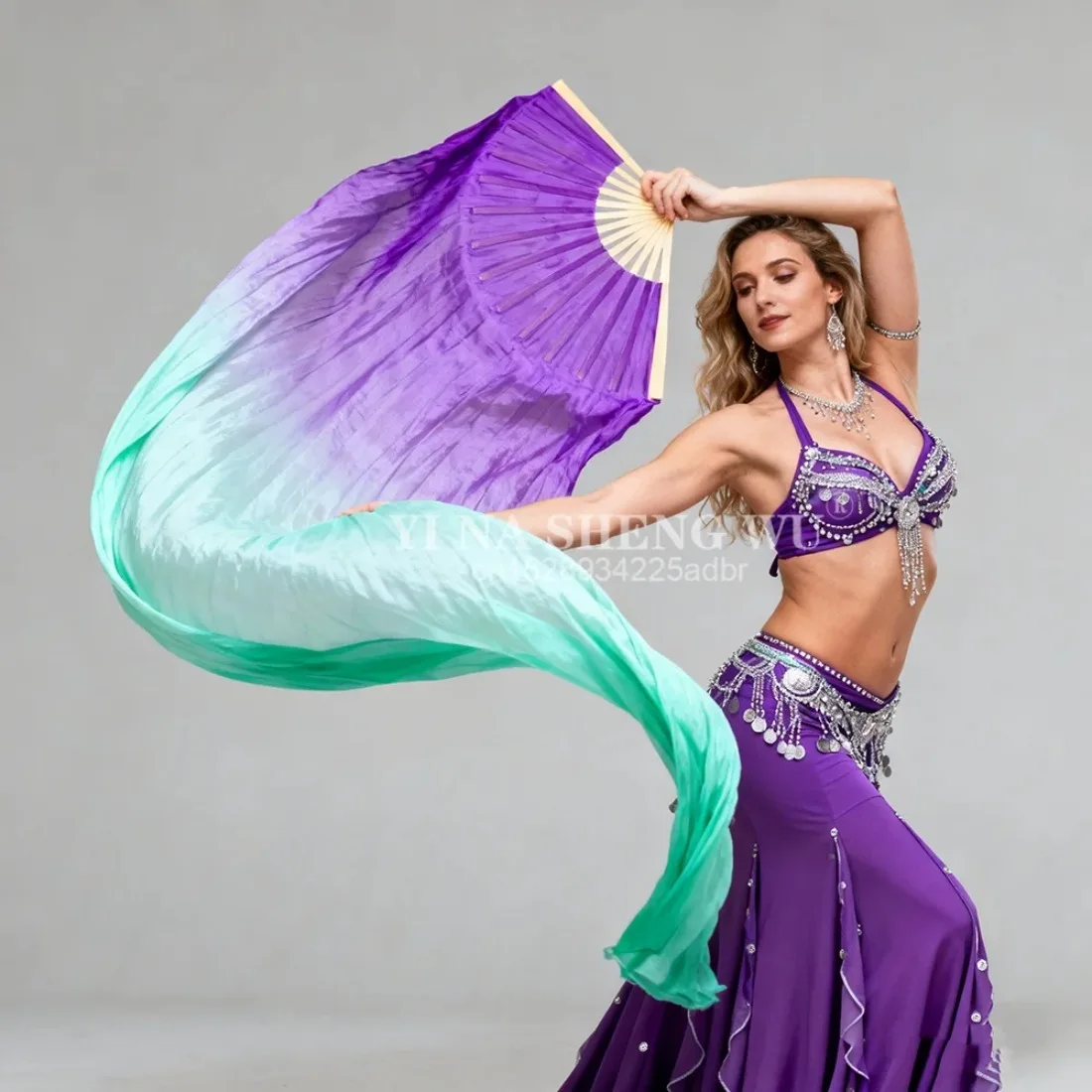 Professional Belly Dance 100% Silk Fan Veil Hand Painted Colorful Extra Long Flowy Light Weight Silk Veil Dancer Stage Performan