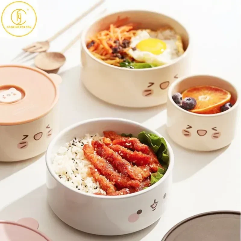 300/500/800ml Family Ceramic Noodle Bowl with Lid Student Creative Soup Fruit Salad Bowl Can Microwave Oven Kitchen Tableware