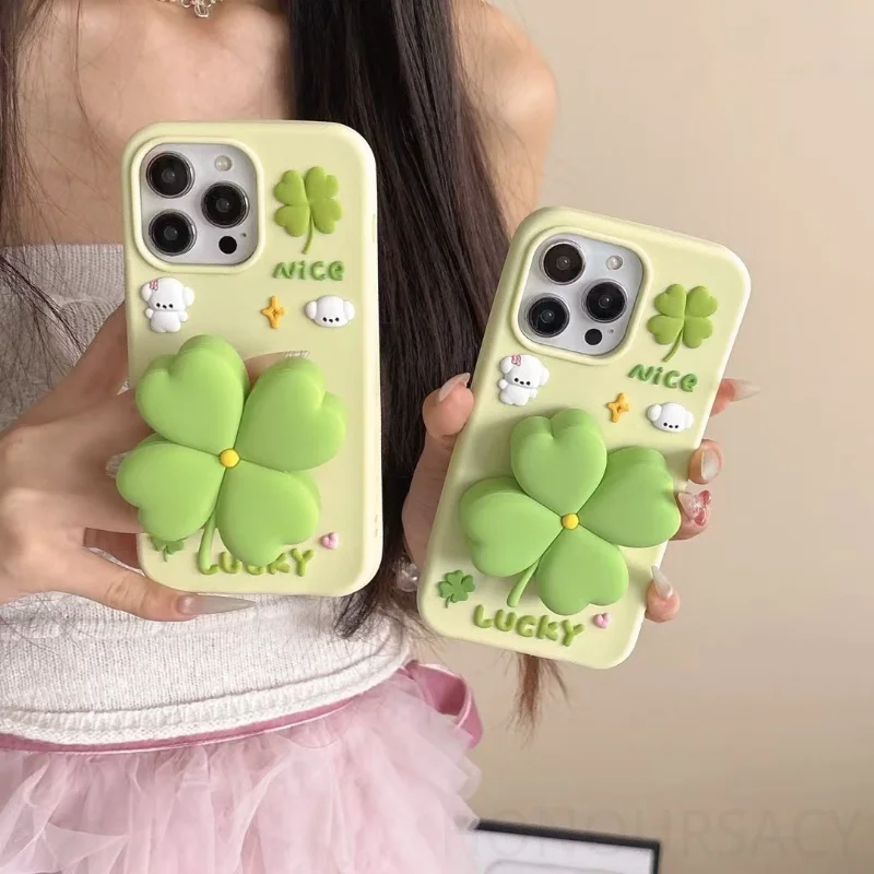 

Мягкий силиконовый чехол с 3D мультяшным кронштейном Lucky Clover и подставкой для IPhone 17, 16, 14, 13, 12, 11 Pro Max 15 Plus 17AIR, мягкая задняя крышка