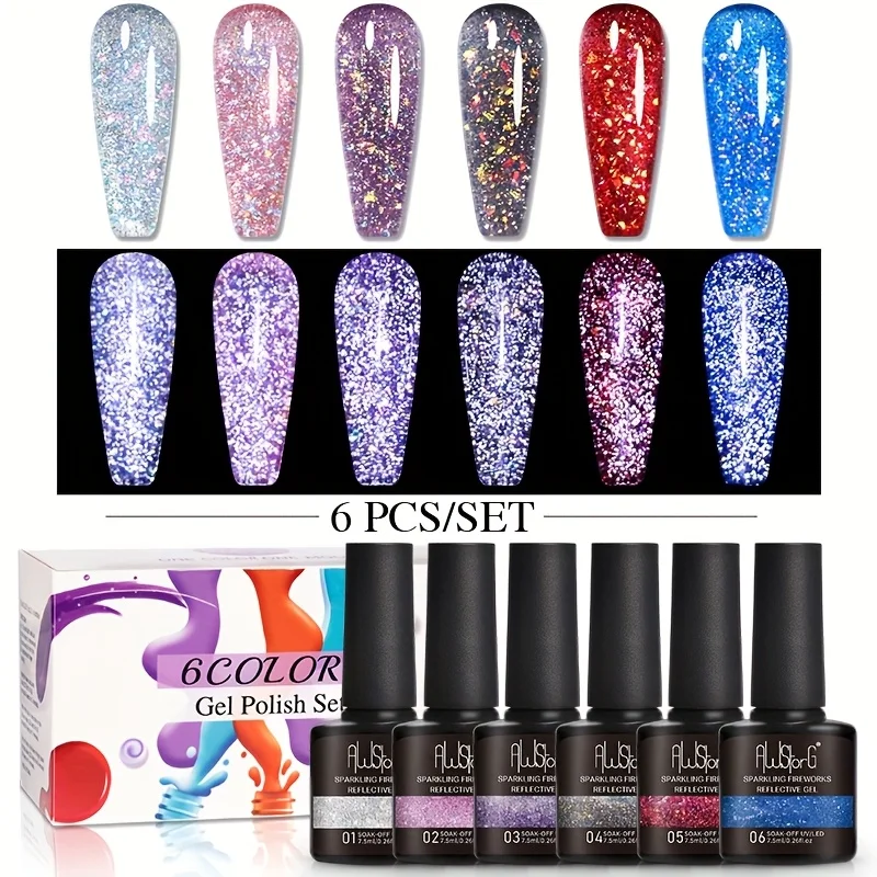 Awstorg espumante fogos de artifício gel reflexivo esmalte conjunto de 6 cores 7.5ml brilhante rosa prata preto gel unha polonês