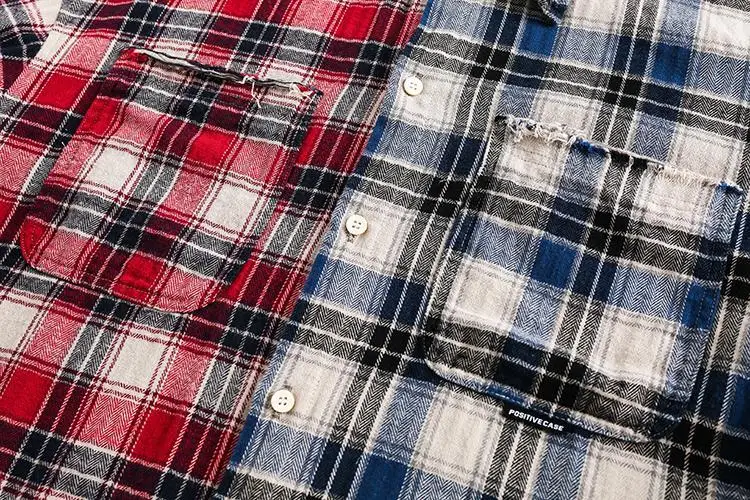 Plaid Patchwork Langarm hemden Frau rohe Kante Streetwear Frühling Herbst Revers lose einreihige Baumwoll hemden Frau