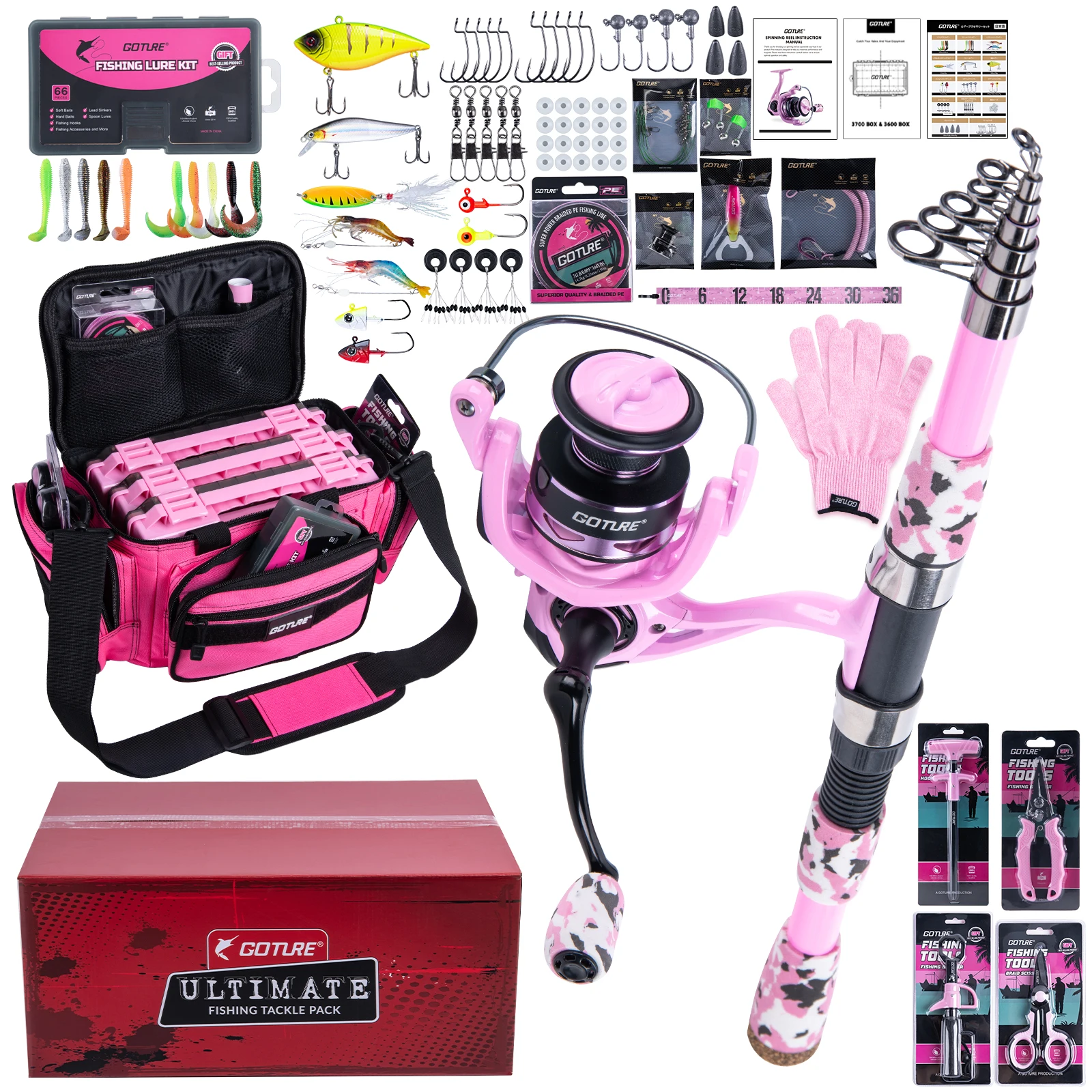 

Полный комплект рыболовных снастей Goture: телескопическая удочка, спиннинговая катушка, рюкзак и аксессуары для рыбалки, подарок для женщин, 1.8-2.7 м.