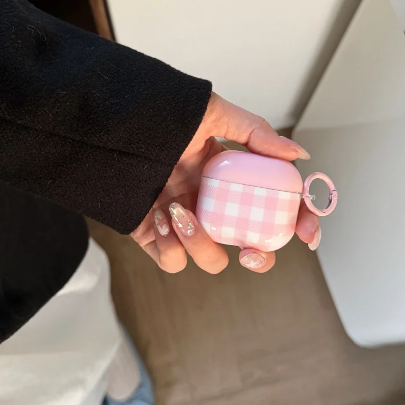 Pink Plaid Pattern IMD Anti-fall Earphone Case For Airpods 1, 2, 3, 4, Pro, Pro2, Pro3