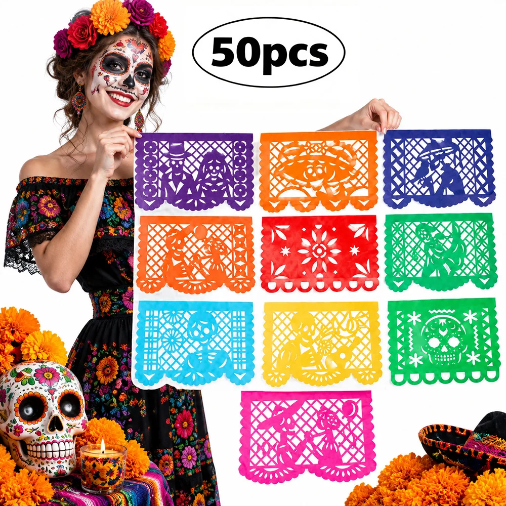 Mexikanisches Tag der Toten Papel Picado Banner 50 Stück Hohle Totenkopf-Blumen-Ausschnitt-Fahnen-Girlande Dia De Muertos Fiesta Party Hängedekoration – Detail 1