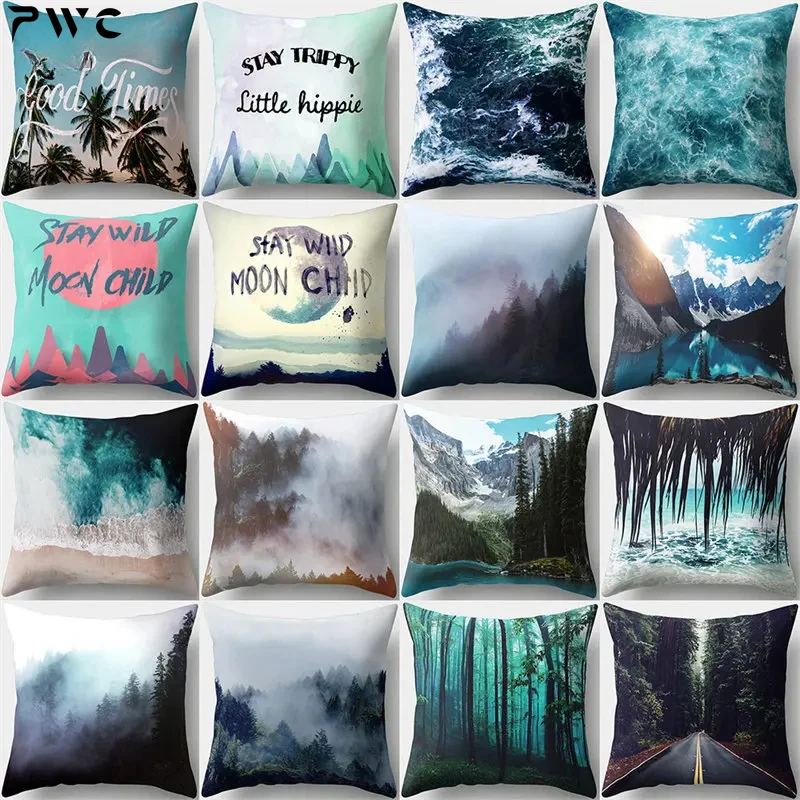 

45x45cm Green Tropical Leaves Forest Pillowcase Natural Mountain Ocean Wave Cushion Pillow Cover Yoga Bedroom Home Decorative