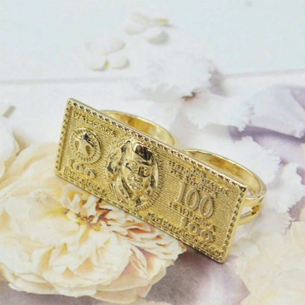Gold Plated 100 Dollar Bill Adjustable Open Ring Vintage US Money Statement Finger Ring Men Women Hip Hop Jewelry view 2