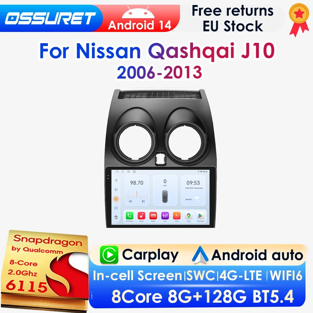 Snapdragon 8 Core CarPlay Android Auto Auto Radio Für Nissan Qashqai J10 2006 2007 2008-2013 Intelligente Bildschirm 2Din SWC DSP 4G BT