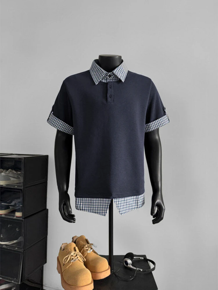 

Летняя тонкая свободная мужская рубашка с воротником, коротким рукавом, в клетку, с эффектом двухслойности, для подростков, стильный топ