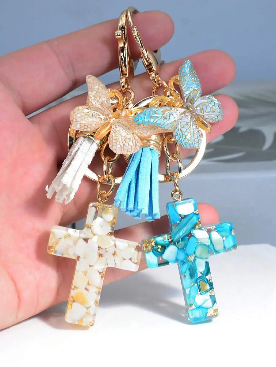 

Epoxy Resin Cross Keychain With Seashell Stone Charm For Bag Car Gift