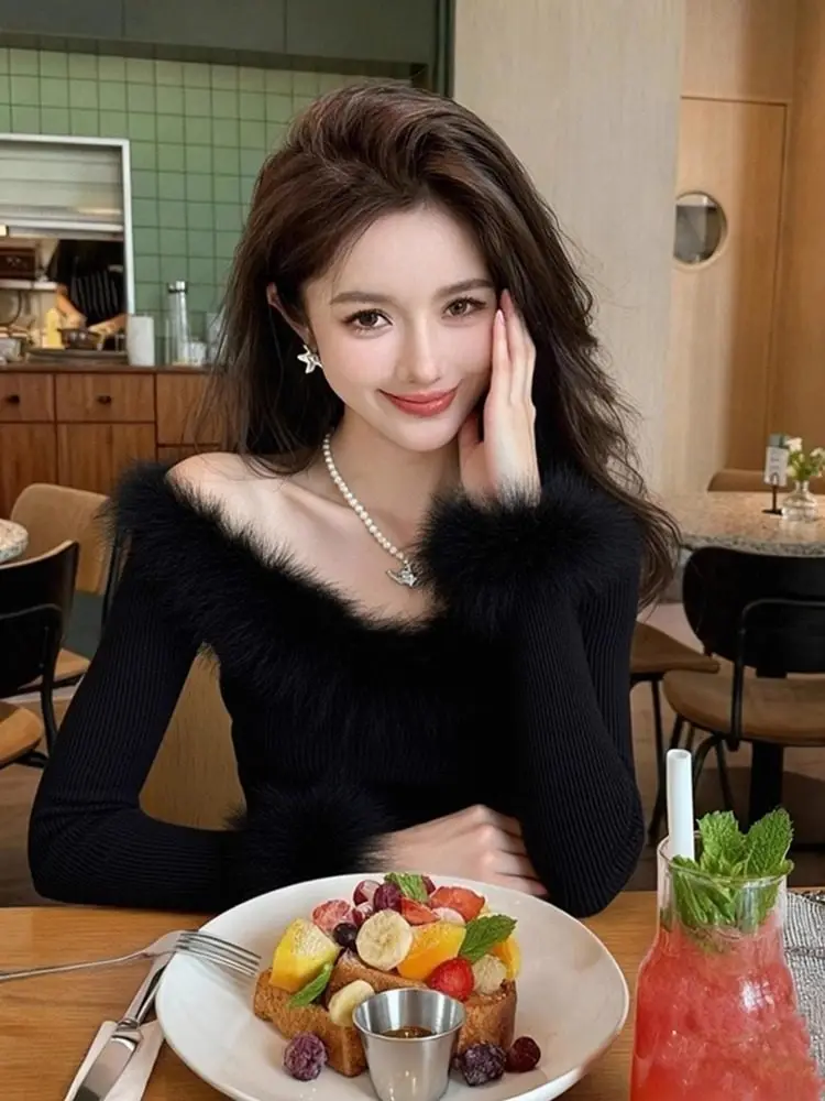 

Ele Bla V-Ne-oulder Sweater Women's Autumn Winter Outerwear Knitted irt Korean Sle Slim Fit Long Sve