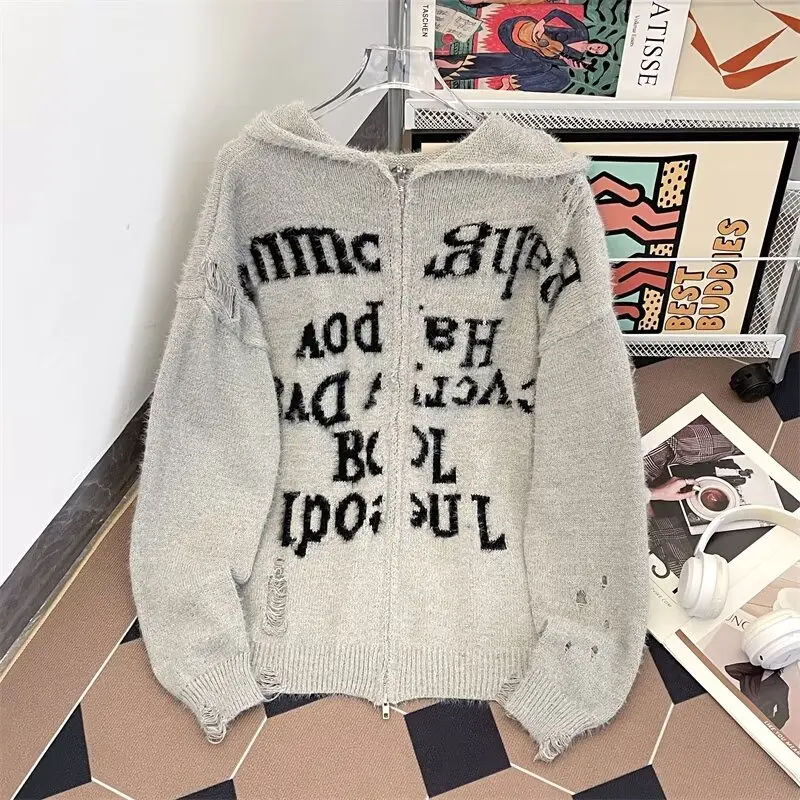 

Вязаный свитер с капюшоном в американском стиле, повседневный свободный крой, модный брендовый джгут на молнии с надписью для больших размеров, осень-зима