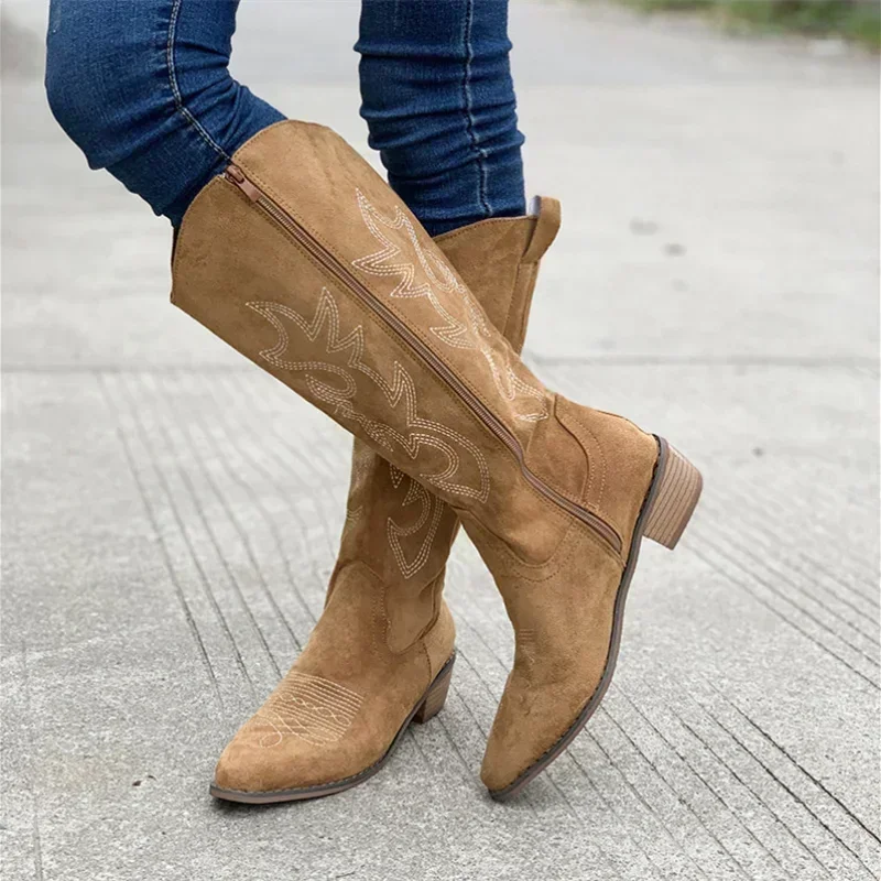 Embroidered Western Cowboy Boots for Women Autumn Pointed Toe Thick Heel High Knee Boots Woman Loose  Leather Long Mujer