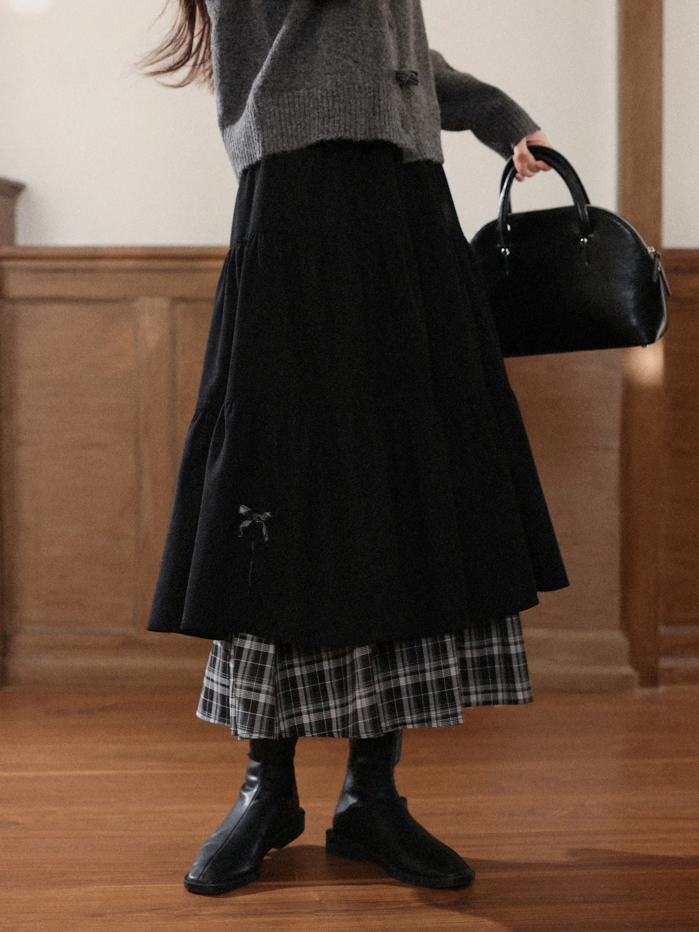 

Ele High Waist Plaid Splicing Skirt for Women in Bla Color Autumn Season A-Line Silhouette Ci Commute Casual Wear