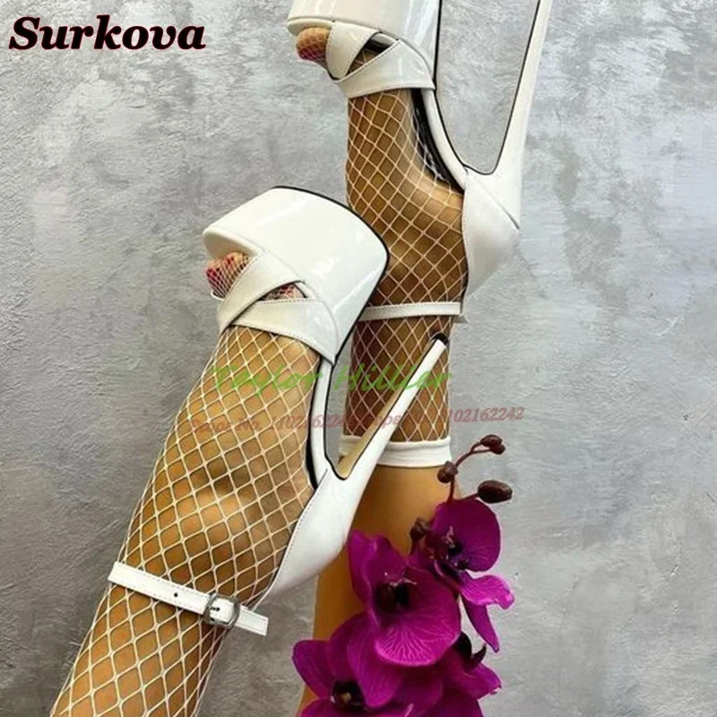 

Patent Leather Open Toe High Heels Round Head Stiletto Buckle Strap White Sandals Fashion Nightclub Stage Runway Shoes Women 47