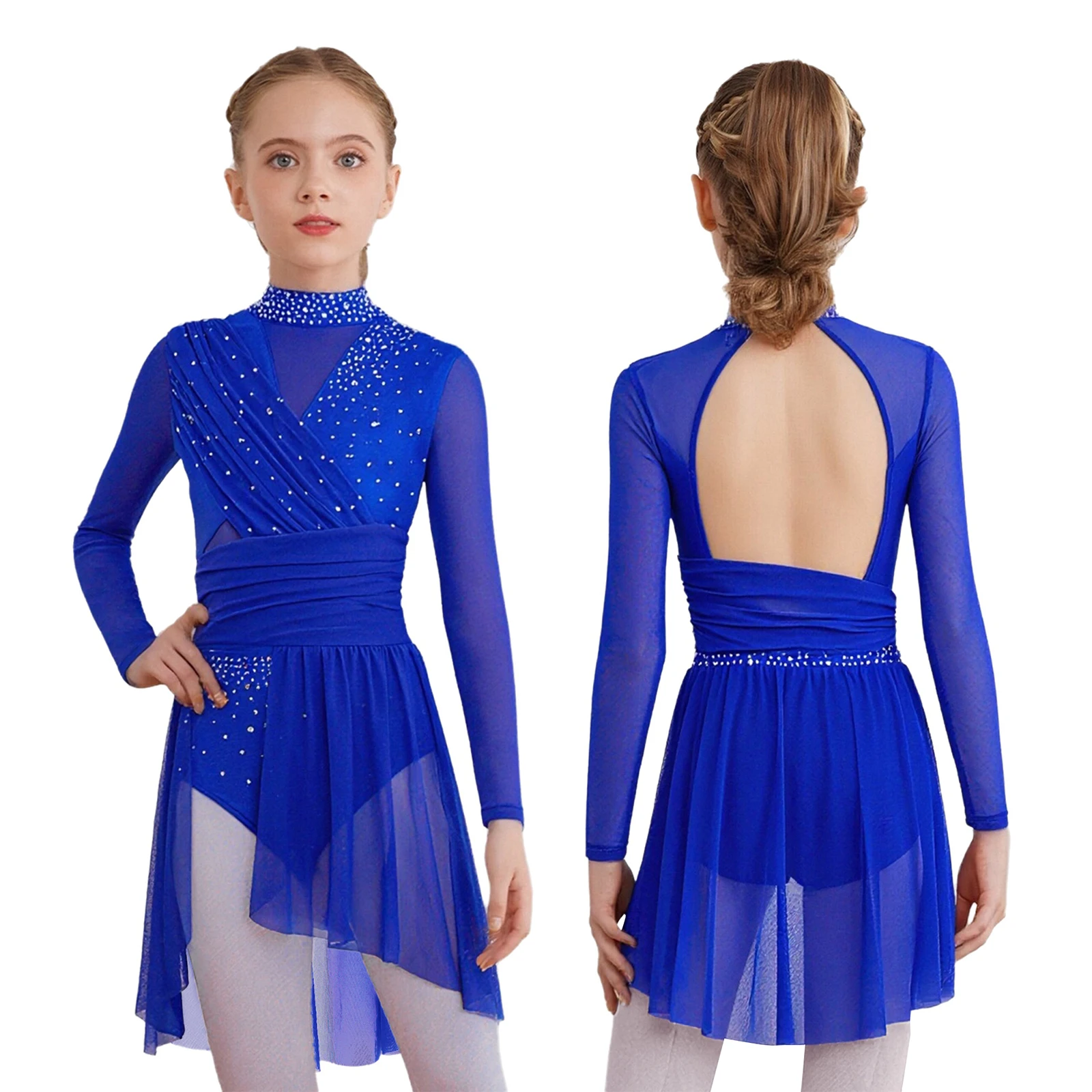 Robe de danse lyrique pour enfants filles, vêtements de danse modernes, manches longues, strass, maille transparente, justaucorps Tutu de gymnastique de Ballet