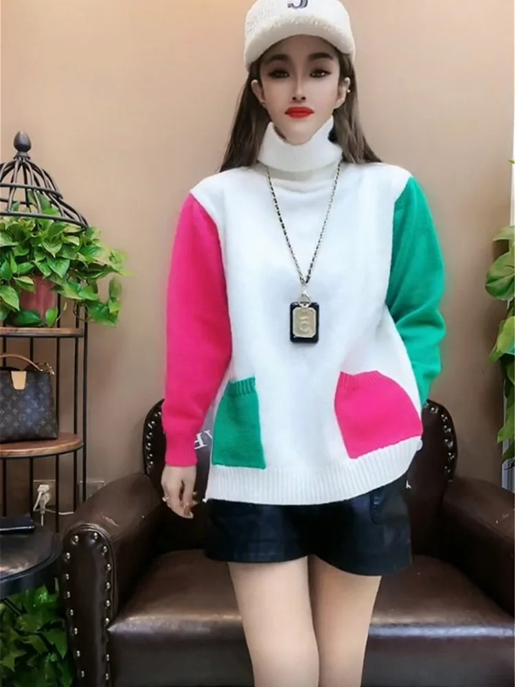Cores casuais retalhos blusas de malha outono inverno gola alta roupas femininas commute bolsos elegantes coreano solto jumpers