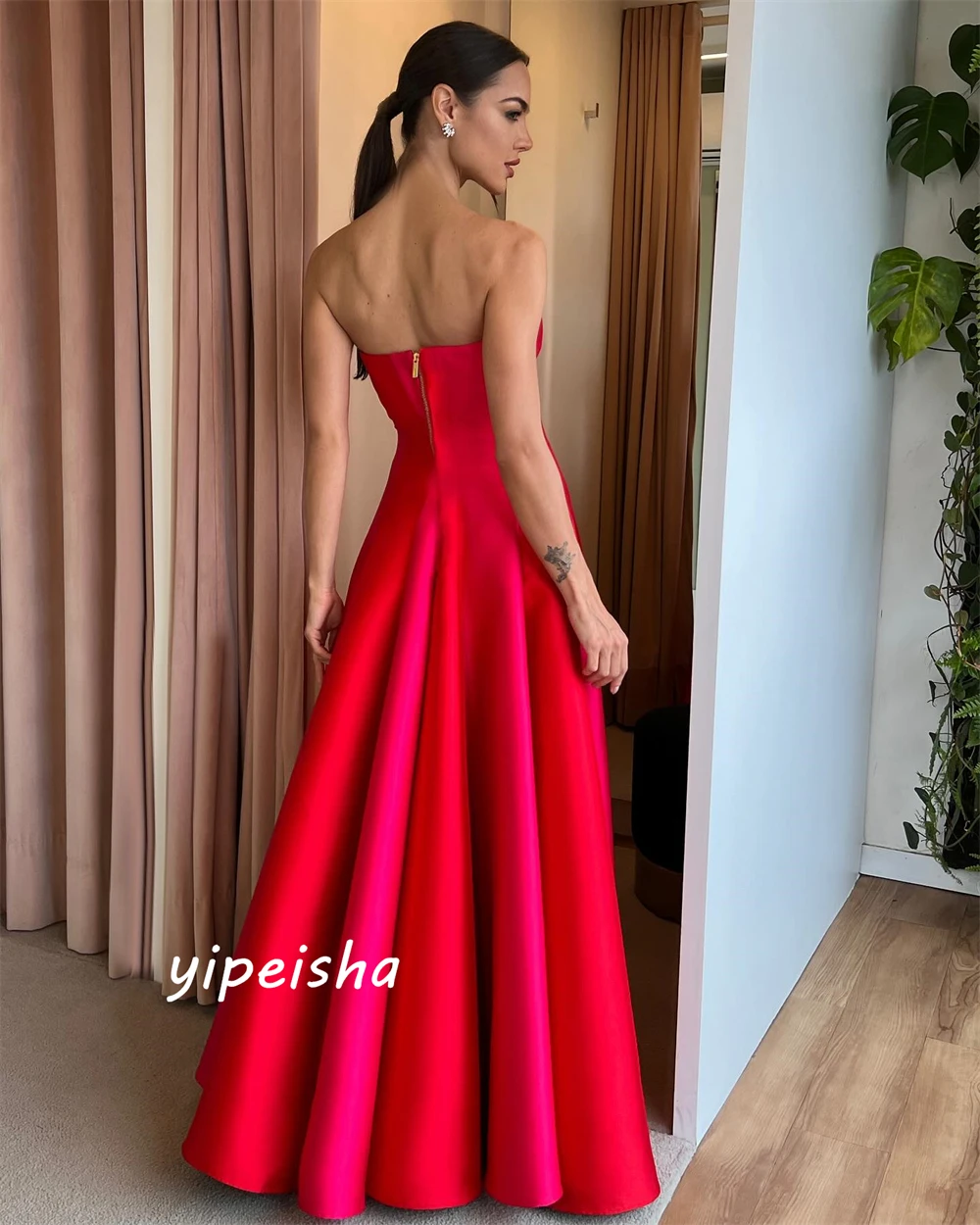 Customized    Simple Customized Celebrity es Strapless Draped Floor Length Satin Evening