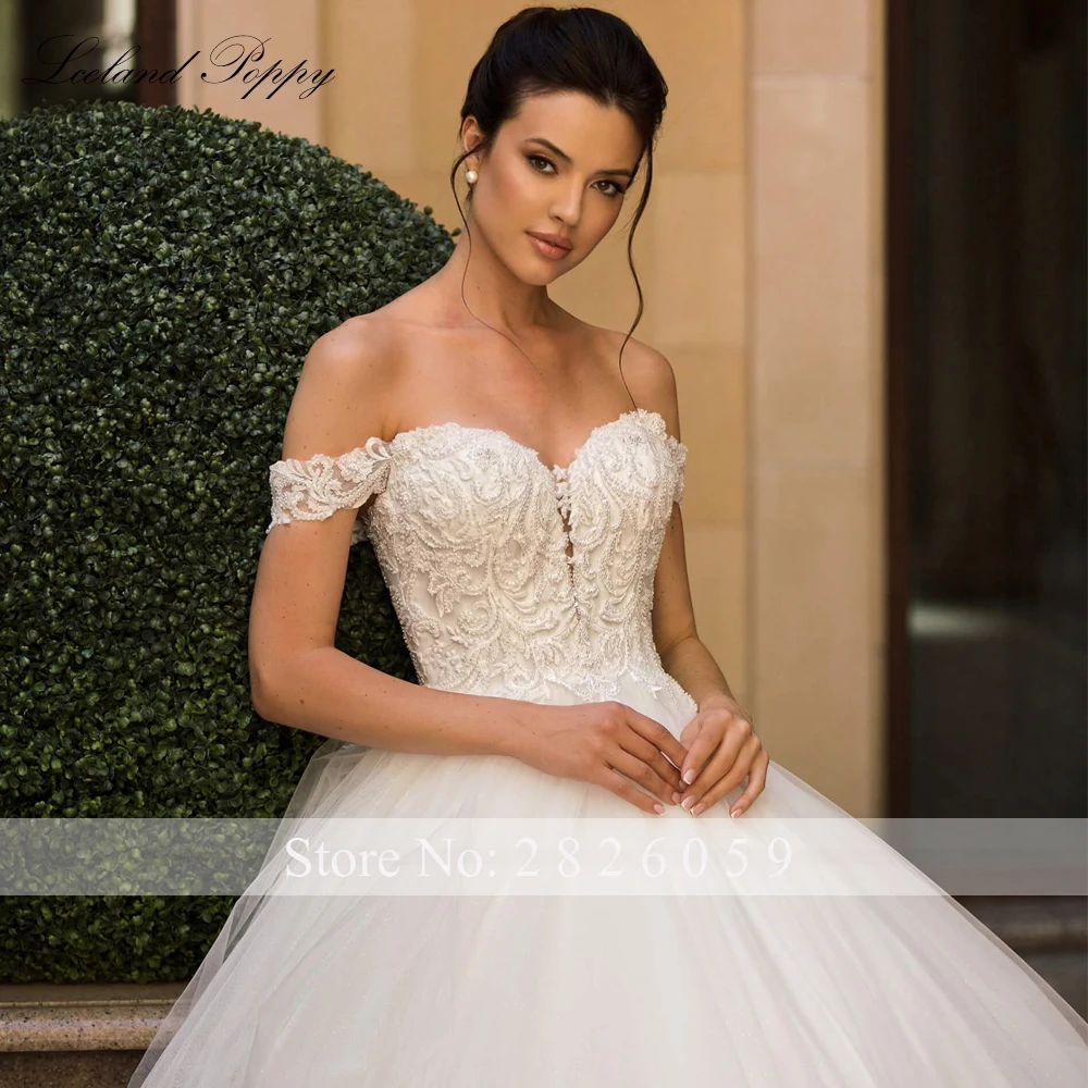 أيسلندا الخشخاش مخصص الكرة بثوب تول فساتين الزفاف قبالة الكتف اللؤلؤ مطرز الدانتيل أثواب الزفاف مع قطار المحكمة