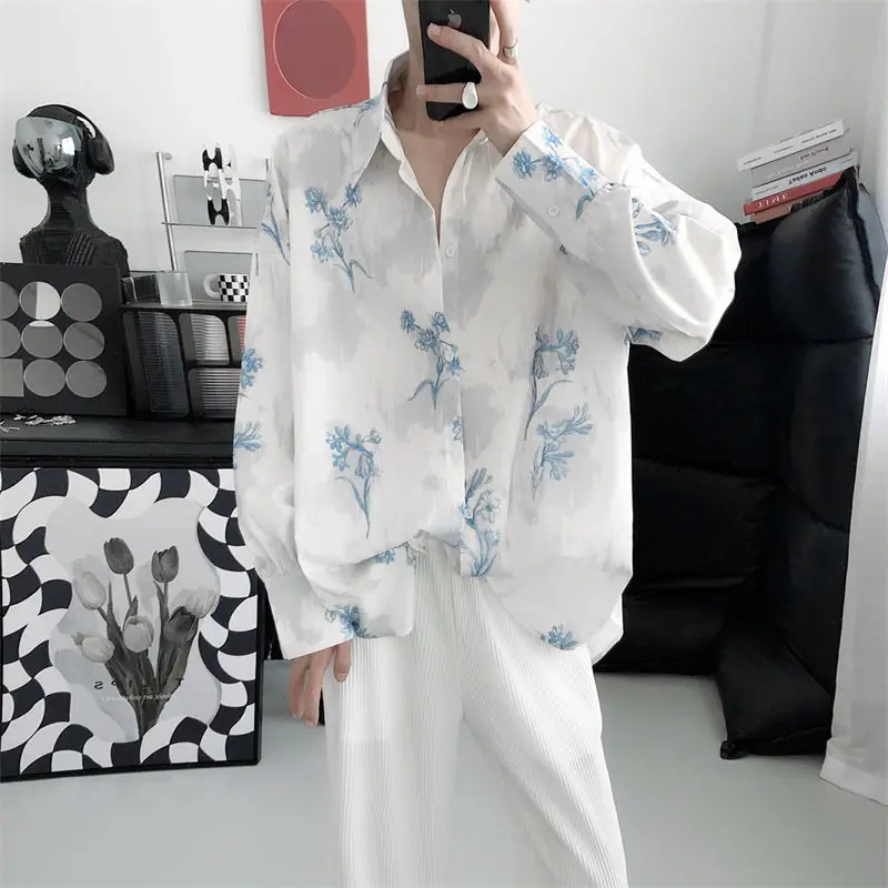 Fashion Streetwear Koreaanse Afdrukken Losse Turn-Down Kraag Man Lange Mouw Herenkleding Knop Lente Zomer Dunne Shirts tops