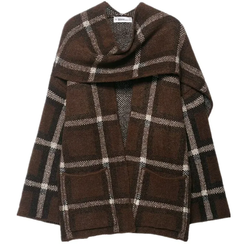 2025 Autumn New Plaid Scarf Knitted ort Coat Women's Faion Outerwear Lady's Cheered Patterned Ne Warmer ort Jaet
