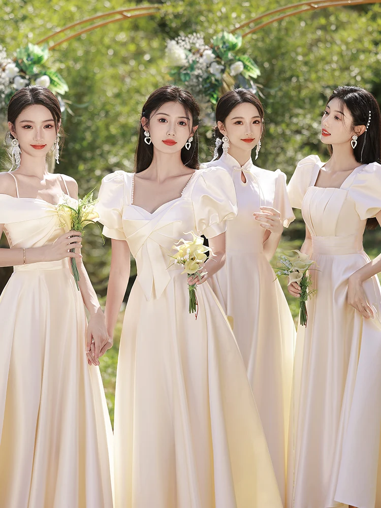 

Champagne Color Maids Dr Satin Long Performance Gown Sister up Wedding Dr Faionable ort Sve Bodycon Sle