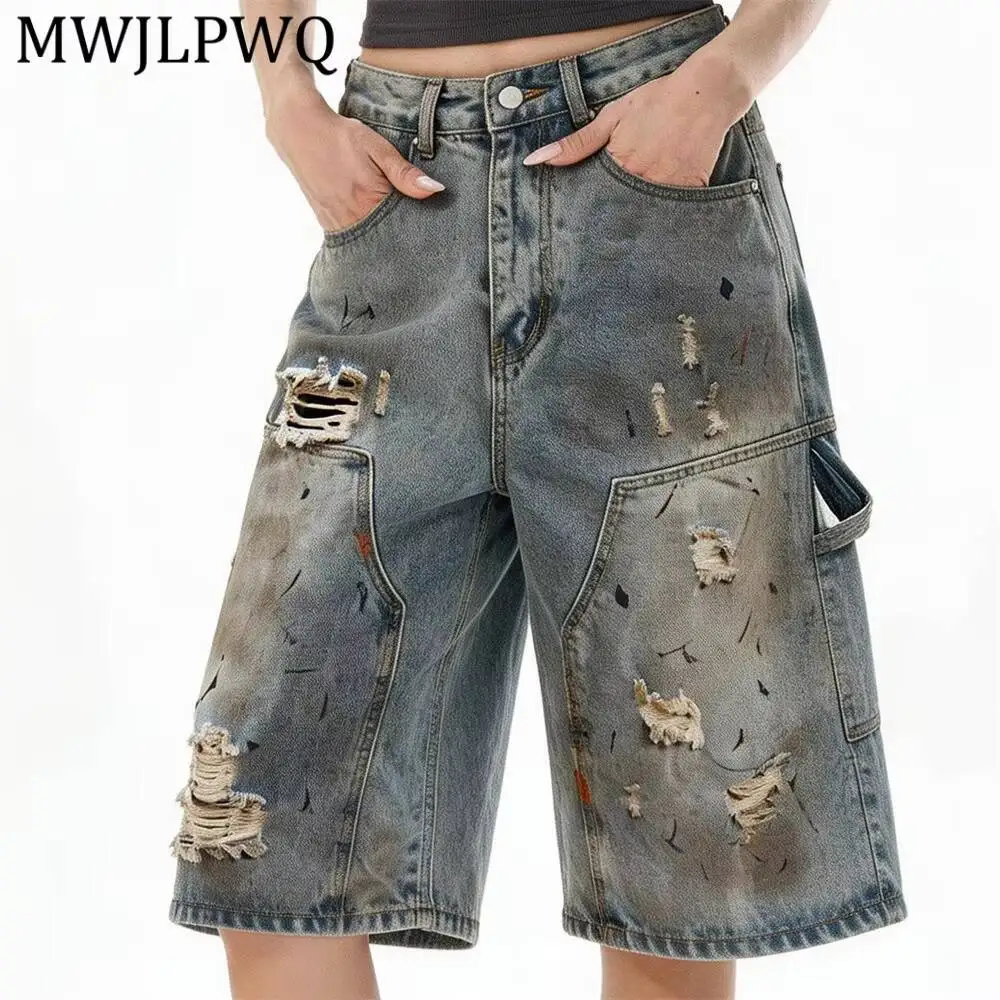 MWJLPWQ Worn-Out Dirty Ripped Denim Cropped Pants Mens Street Style Graffiti Splatter Design Niche Loose Wide-Leg Shorts 17203