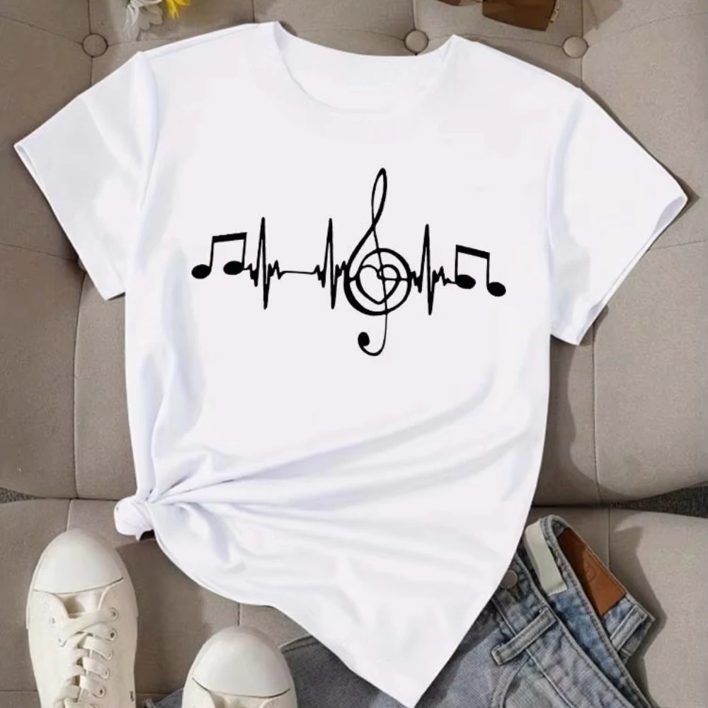 Music Note Graphic Print Fashion Women Tops Casual Daily Summer Short Sleeve Crew Neck Street Harajuku Breathable Y2k Women Tee