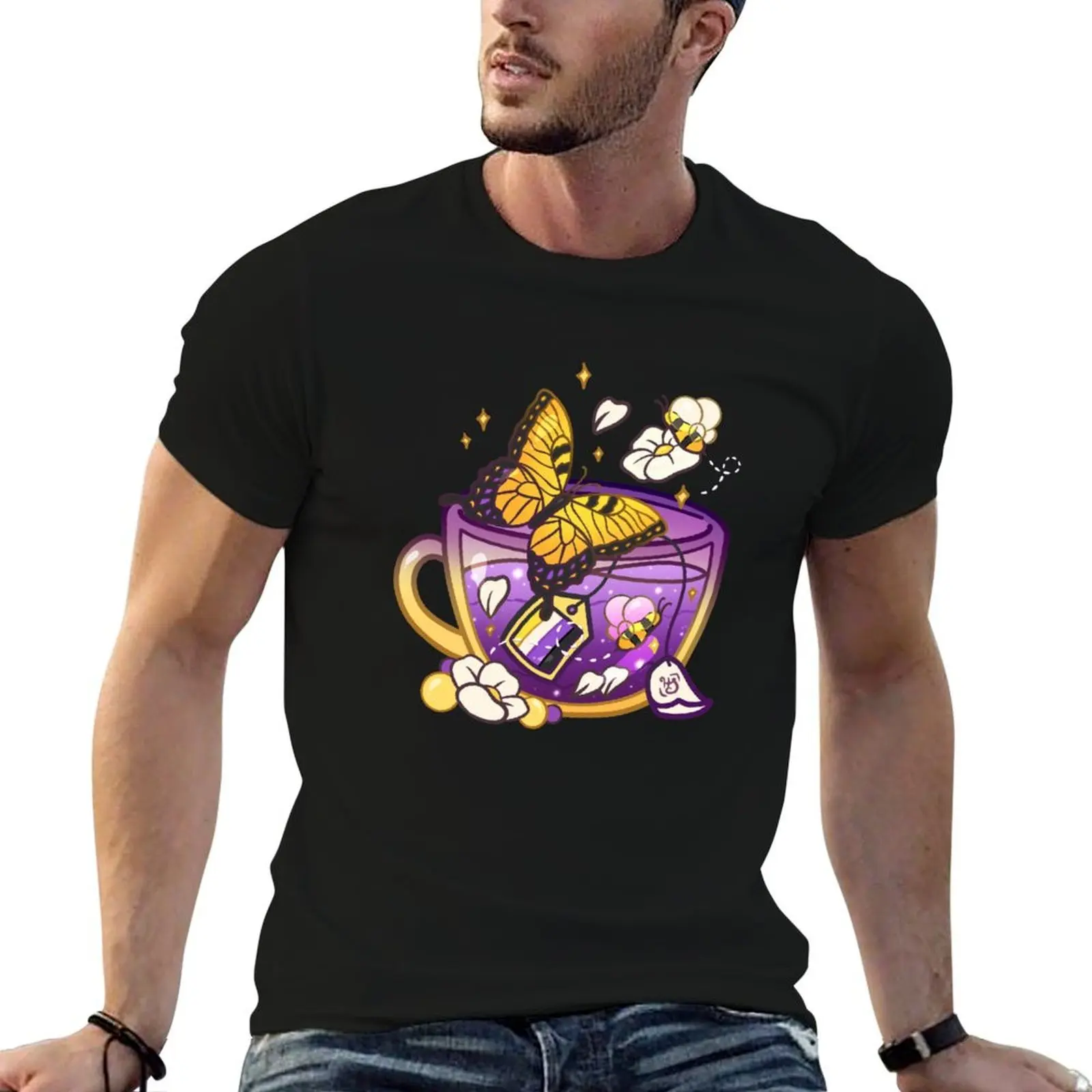 Pride Flag Teacup - Butterfly Non-Binary T-Shirt clothes graphics oversized t shirt men