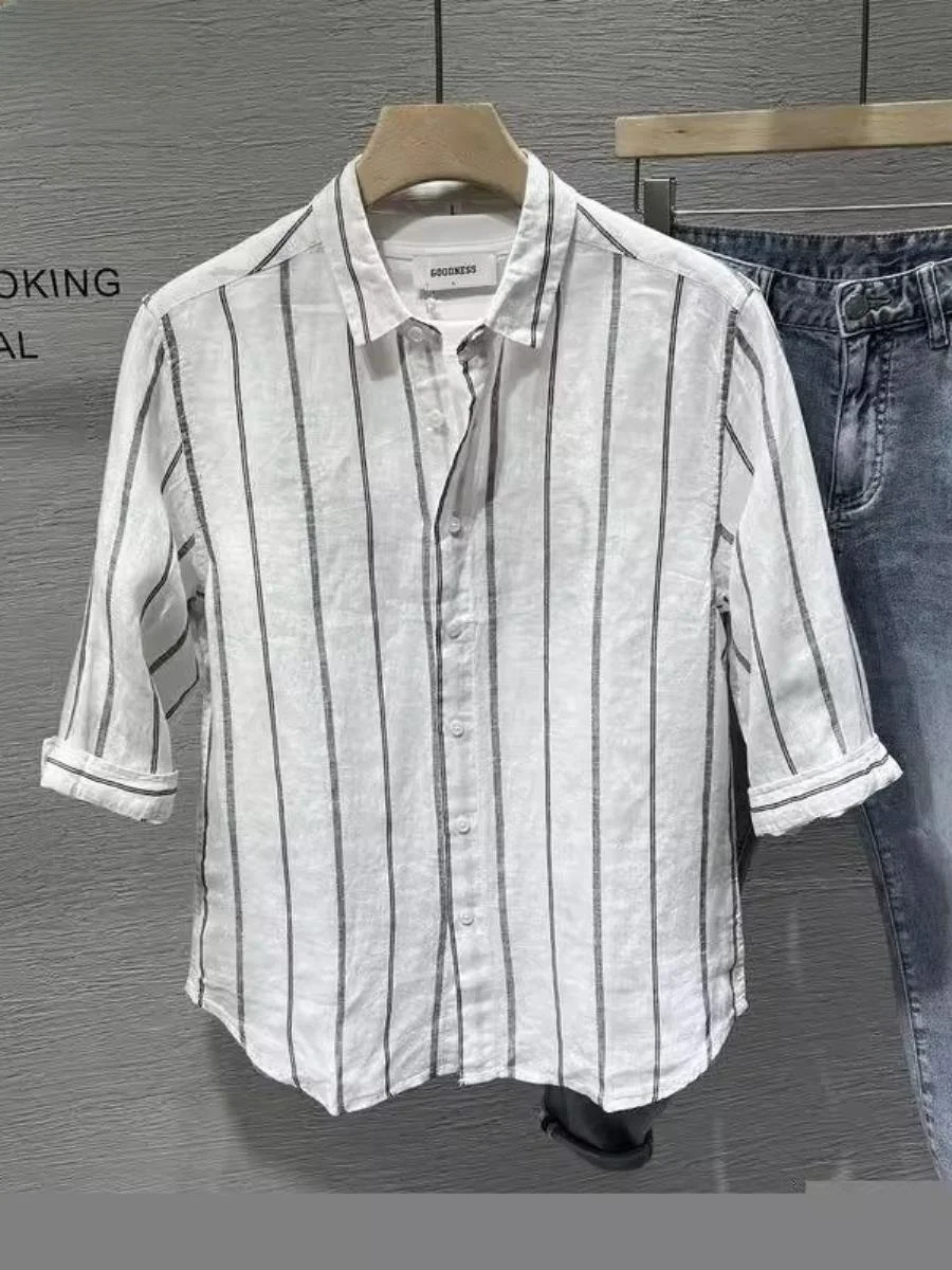 casual-striped-shirt-2024-summer-new-style-five-quarter-sleeve-square-collar-design-pocket-handkerchief-versatile-simple-trendy