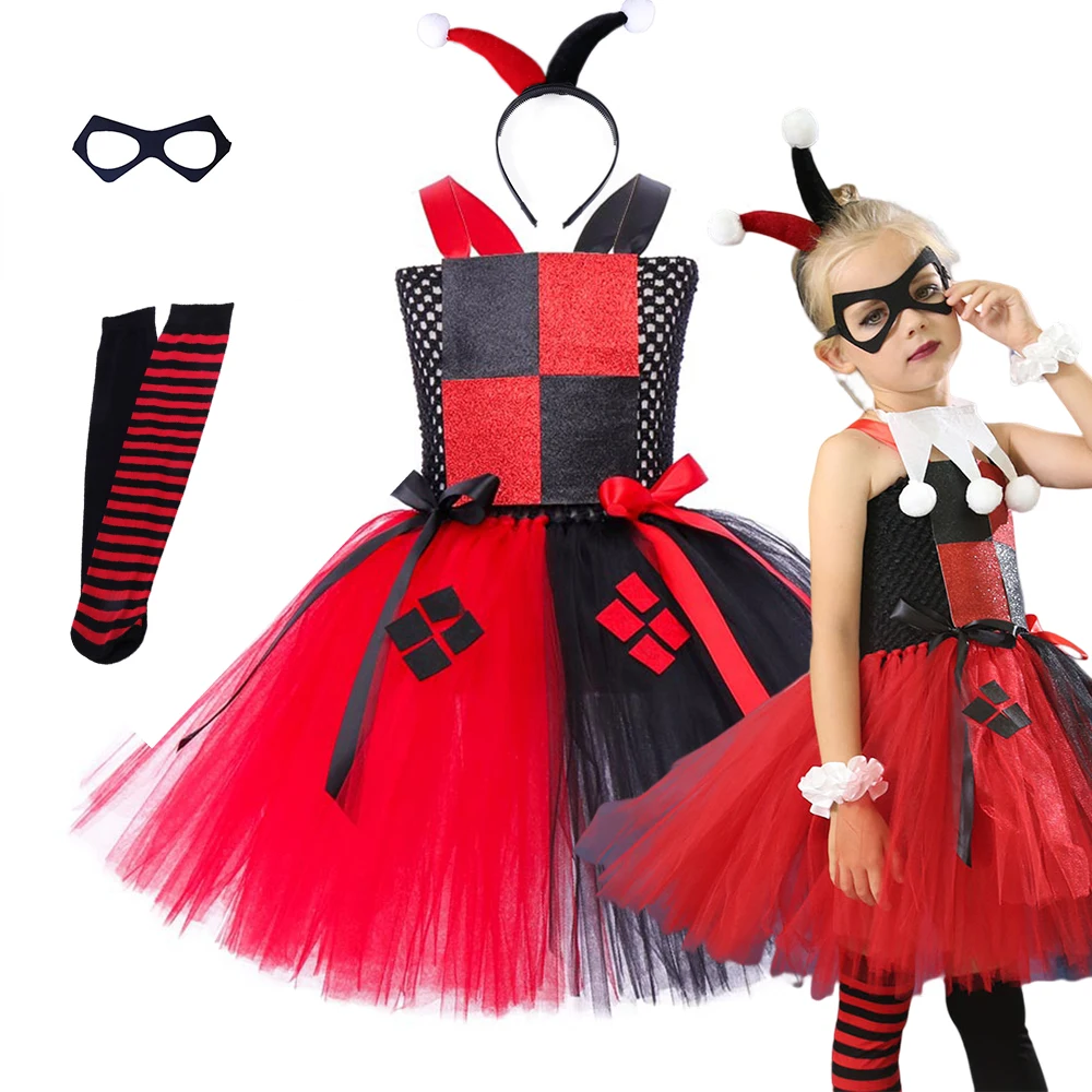 

Clown Girls Dress Red Tutu Gown Party Carnival Halloween Costume Prom Performance Clothes Color Clashing Vestidos 2-12Years