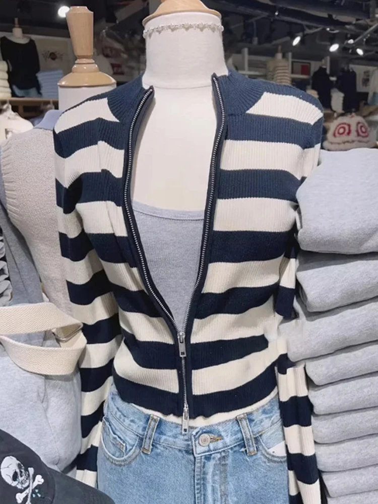 Vintage Striped Slim Knit Cardigan Women Soft Cotton Zipper Spring Long Sleeve Sweater Female Casual  Simple Sexy Crop Top Y2k