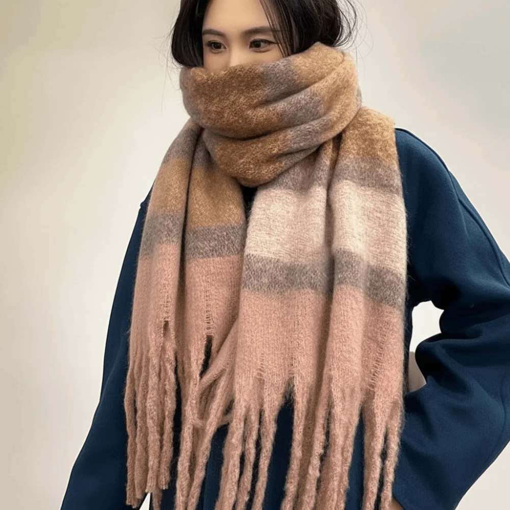 Chunky Neckwear Thick Winter Scarves Thermal Soft Plaid Mufflers Windproof Washable Tassel Shawls Outdoor Travel