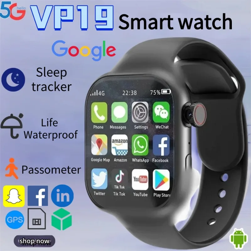 

VP19 Smart Watch for Men Women Android 10 OS 180 Degree Rotating Camera WiFi 4G 5G SIM Support GPS Tracking Fitness Tracker