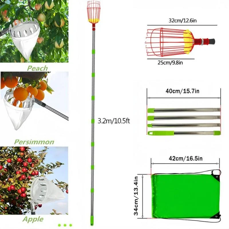 Fruit Picker Tool Portable Removable Telescopic Picking Pole with Basket Metal Rustproof Fruit Aerial Collector