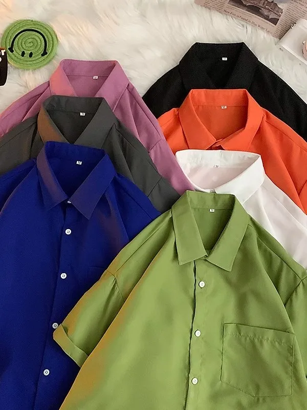 

American Style Color Short Sleeve Shirt Unisex Loose Fit Summer Fashion Japanese Style Casual Wear Polyester Material