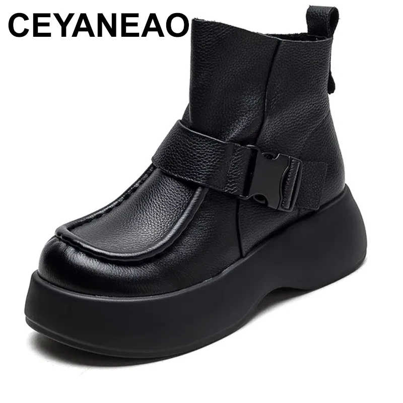 

Handmade Retro Wedges Heel Ankle Boots For Women Autumn Winter Genuine Cow Leather Chunky Platform Zipper Casual Boots