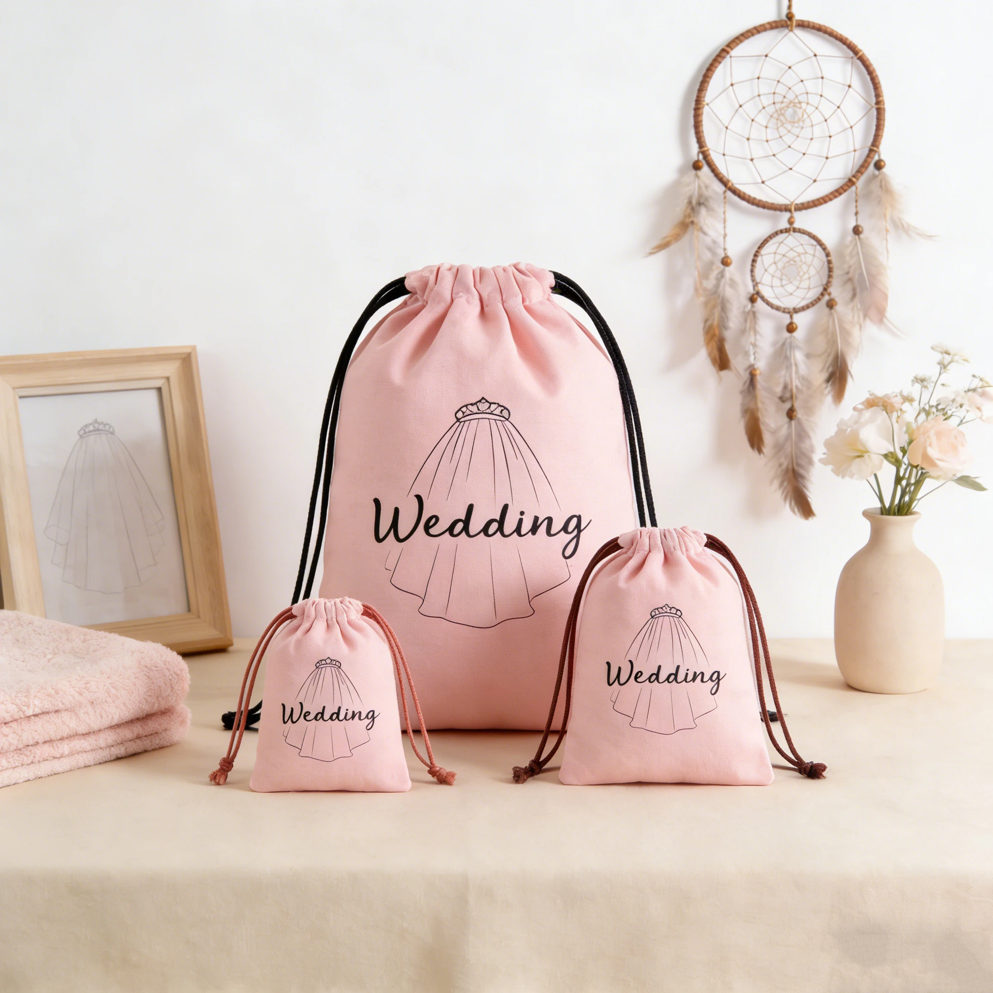 

50Pcs Personalized Logo Pink Jewelry Pouches Natural Cotton Drawstring Wedding Favor Canvas Bags Makeup Earrings Packaging Sack
