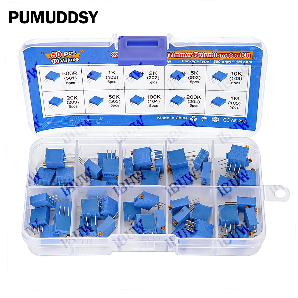 

50PCS 10Values 3296W Multiturn Trimmer Potentiometer Kit (500Ω-1MΩ) in Box for Precision Circuit Tuning & Electronics DIY 5K 2K