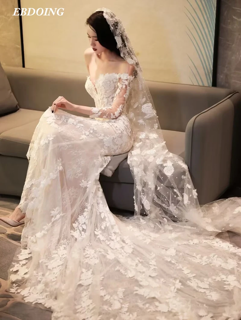 Newest Wedding Dress Mermaid Lace For Bride Sweetheart Neckline With Sheer Sleeves Off The Shoulder Vestidos De Novias
